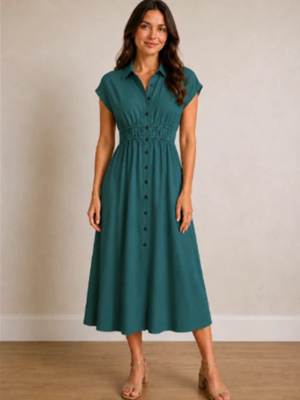 NWT Sz 4 Calvin Klein Button-Front Collared Midi Dress in Teal Ruched Waist